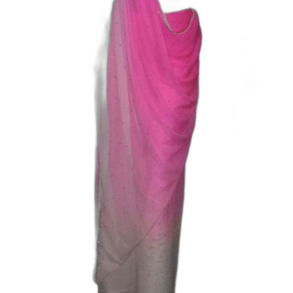 Mesh knit women’s saree hot pink and cream ombré w/ beaded sequin pearl accents